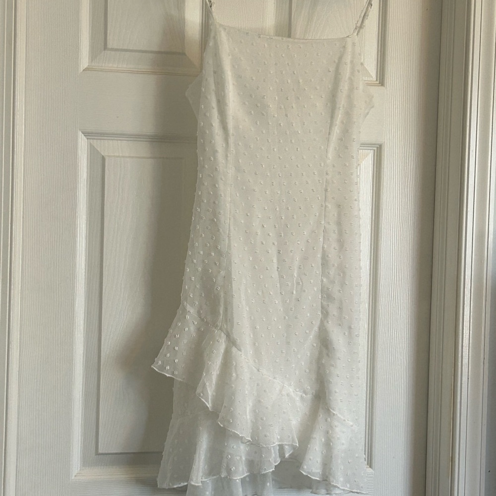 SHEIN White Backless Spaghetti-Strap Swiss Dot Ruffle  Graduation Dress